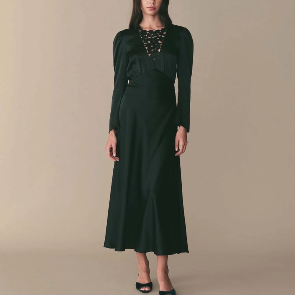 DÔEN Melinda Embroidered Silk Midi Dress Alpine Green | S - Picture 2 of 10